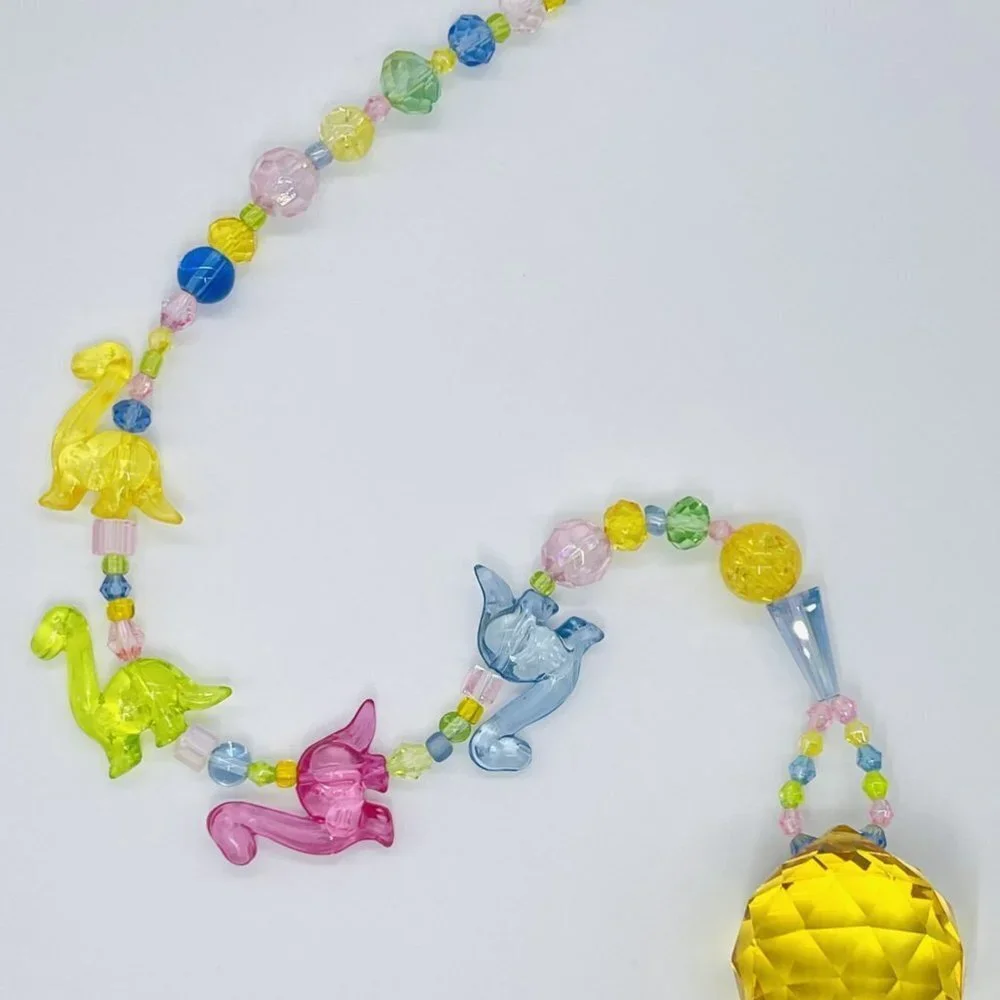 Dinosaur Beaded Suncatcher  - Pastel - Yellow Crystal Prism - Hanging Decor